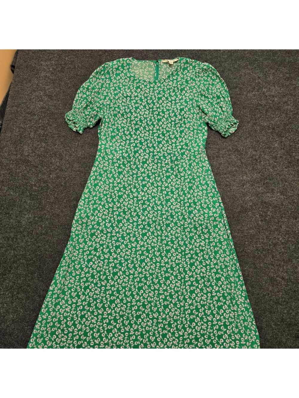 Boden Floral Midi Dress 8R Green Pink Puff Sleeve Smocked Cuff A-Line